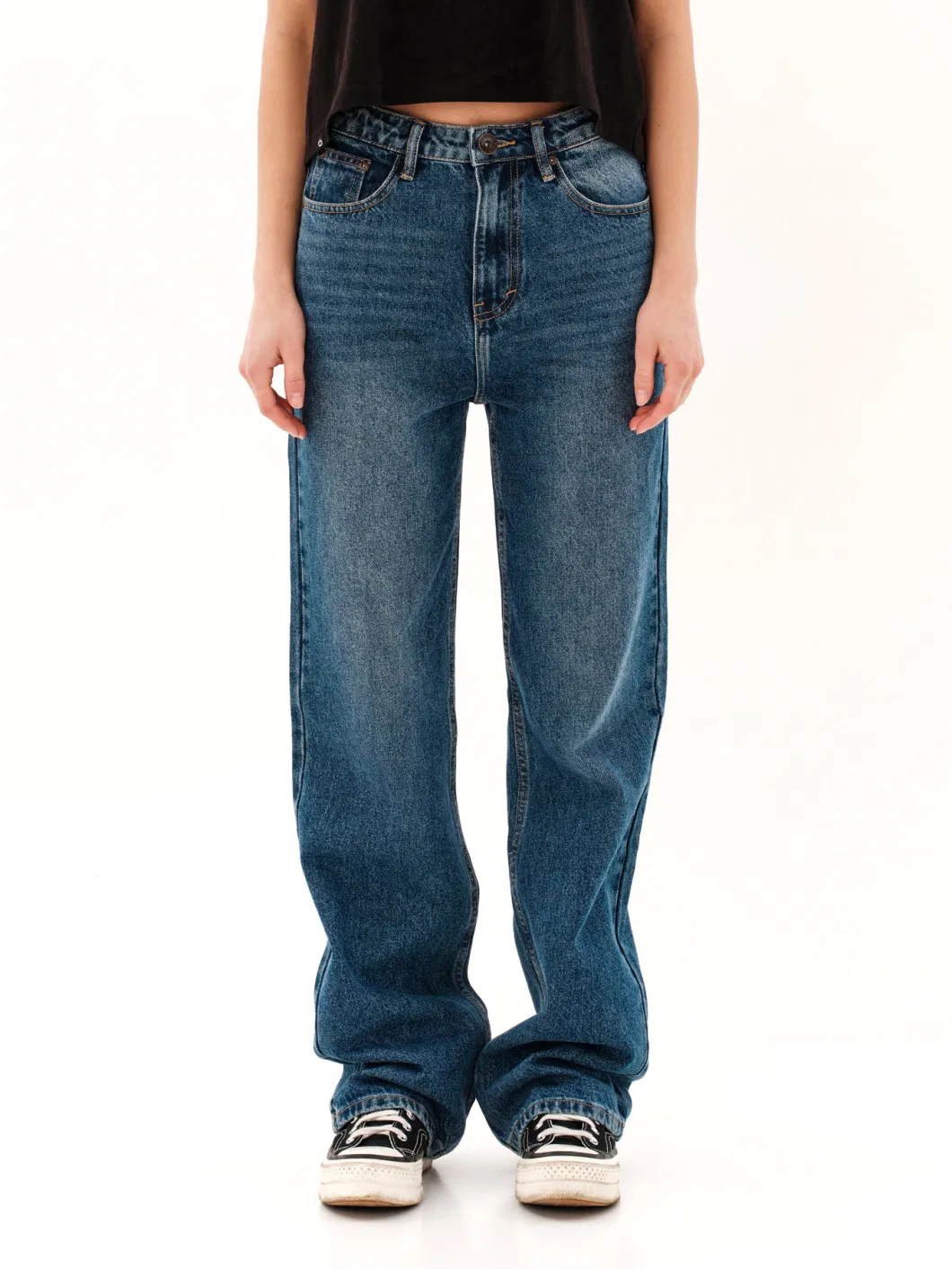 Ladies Cotton Denim Enzyme Wash Classic Blue High Rise Loose Fit Wide Leg Women Mop Jeans