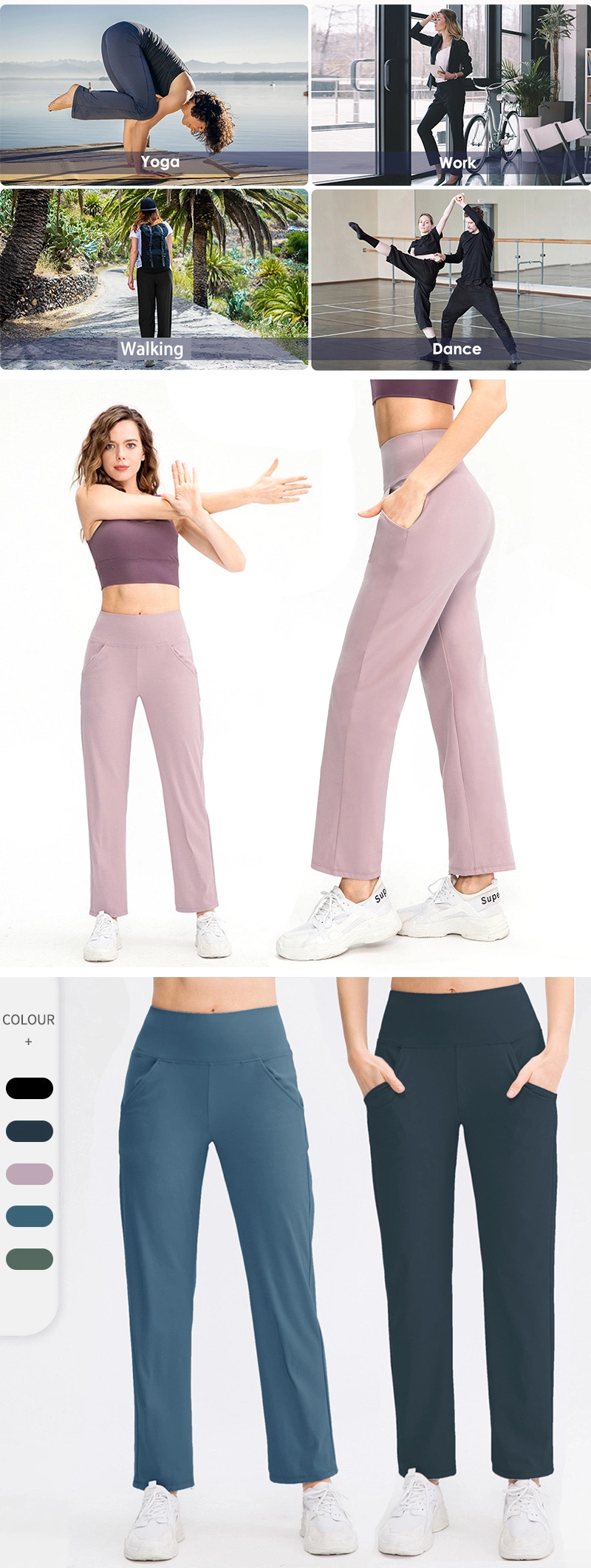 Factory Wholesale High Quality Casual Street Outfits Sports Pants for Women, Custom Premium Soft Wide Leg Yoga Pants with Pockets Leisure Loose Fitness Trousers