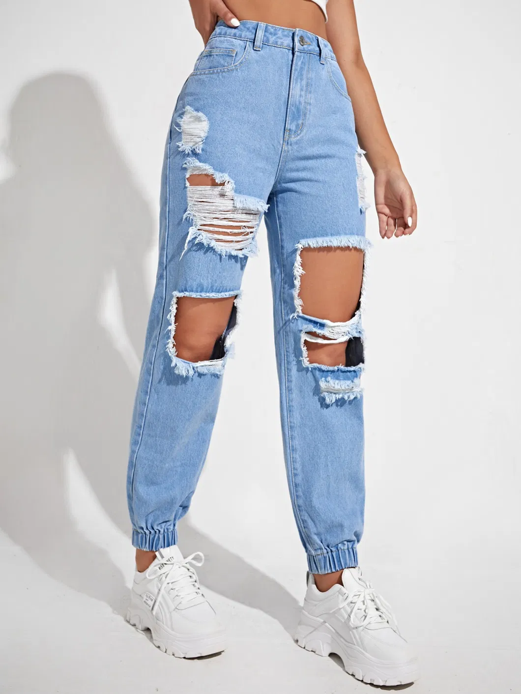 High Waisted Scratch Holes Non-Stretch Quality Elastane Bottom Hem New Fashion Lady Jeans Light-Blue Boyfrind Fit Jeans
