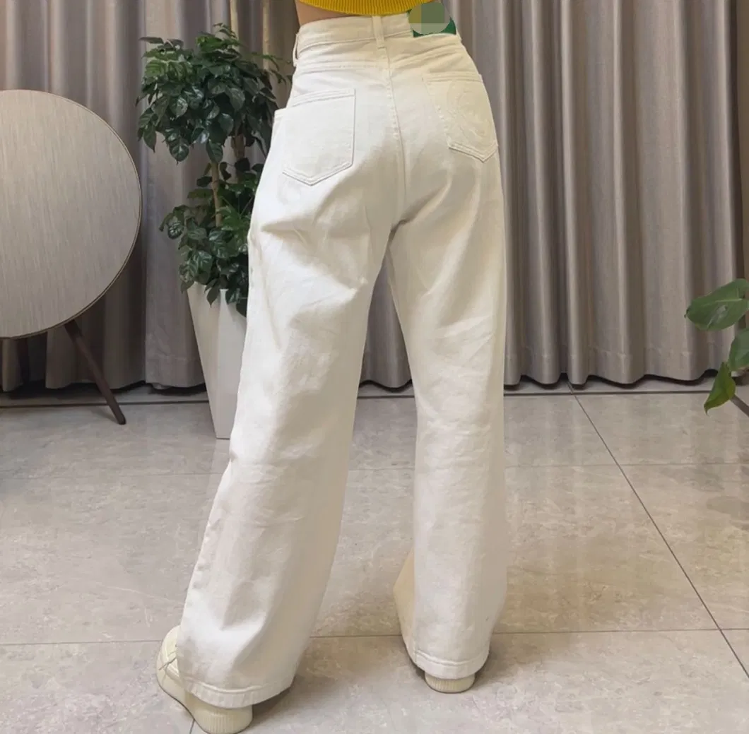 Ladies White Denim Wide Leg High Rise Adjusted Waist Hooks Jeans