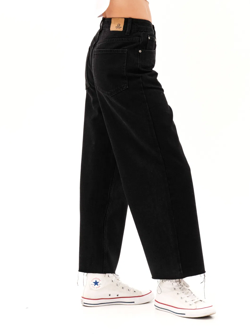 Ladies 100% Cotton Black Denim Enzyme Wash High Rise Ankle Length Raw Edge Wide Leg Loose Fit Women Jeans