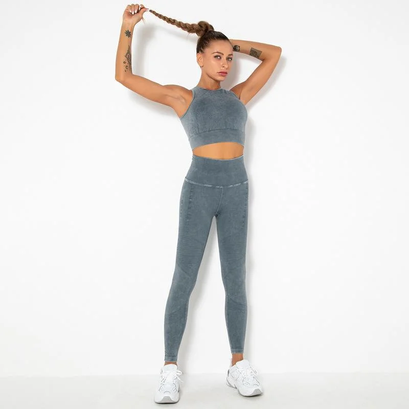 Women&prime;s Yoga Outfits 2 Piece Demin Jeans Leggings with Sports Vest High Neck Top Gym Clothes Sets