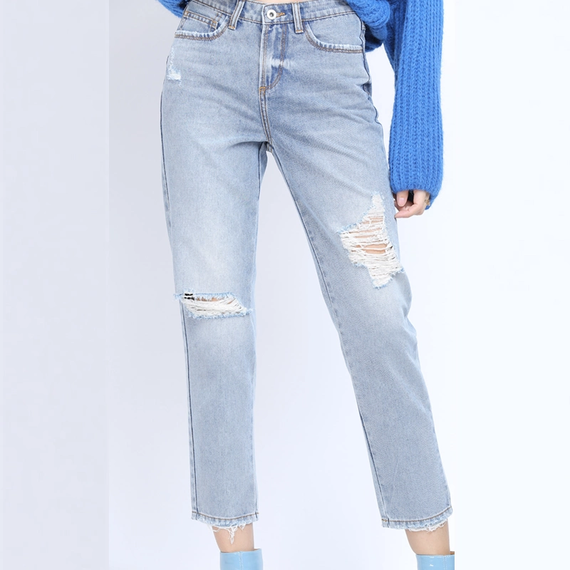 New Fashion Ladies Low Waist Bleached Wash Ripped Denim Jeans