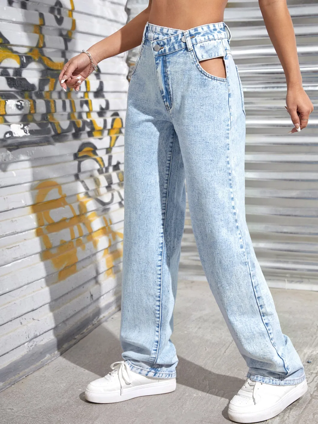 High Waisted Non-Stretch Quality Asymmetrical Waist and Hollow out on Front Pocket Lady OEM&ODM New Fashion Design Denim Jeans