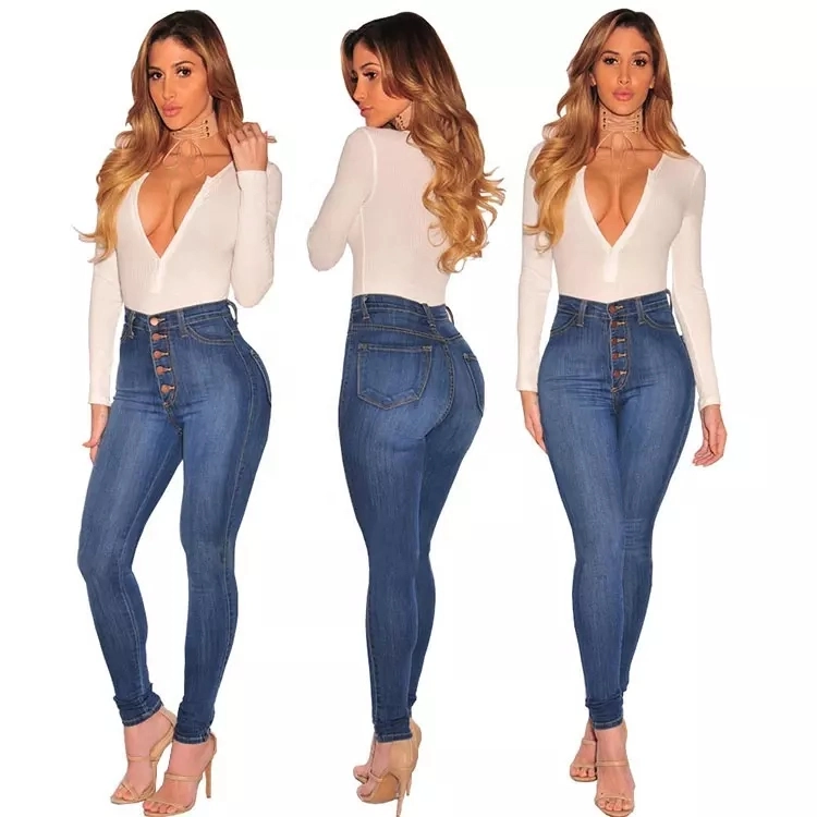 Wholesale Lady Fashion Button Fly Denim Skinny Slim High Waisted Jeans