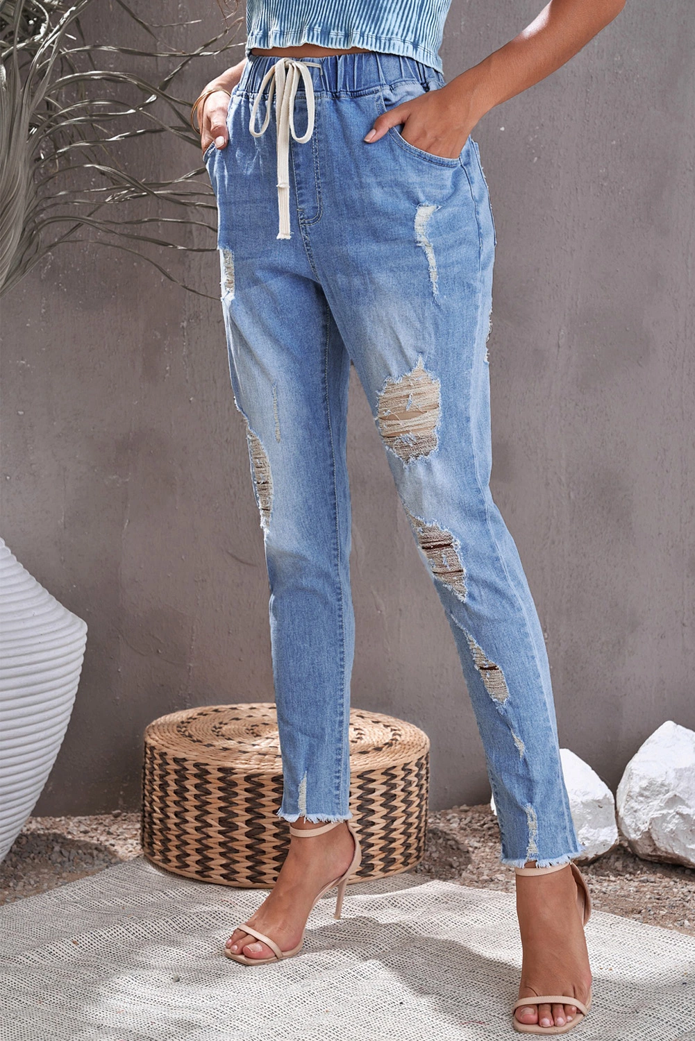 Dear-Lover Blank Apparel Wholesale Western Clothing New Blue Ripped Baggy Distressed Pants Trousers Ladies Torn Hole Stretch Women Denim Women&prime;s Jeans