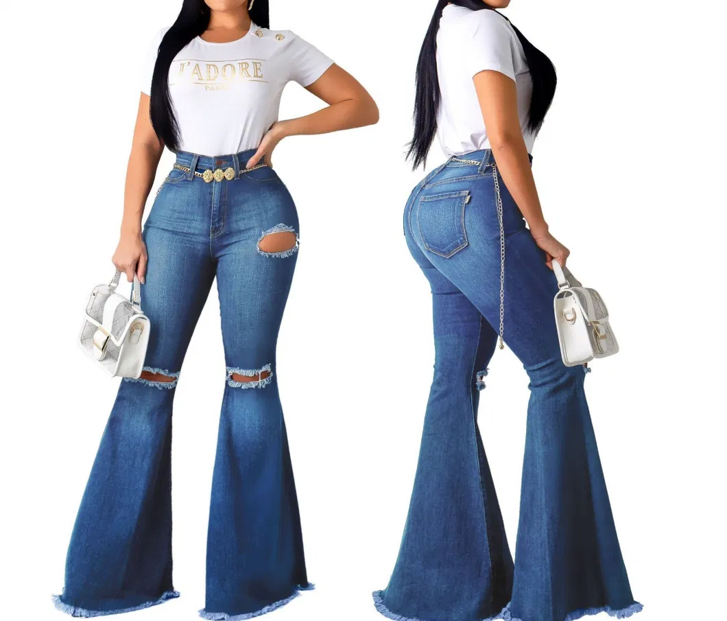 Womens Ripped Classic Stretch Flare Jeans Bell Bottom Tattered Denim Pants High Rise Jeans Esg14357