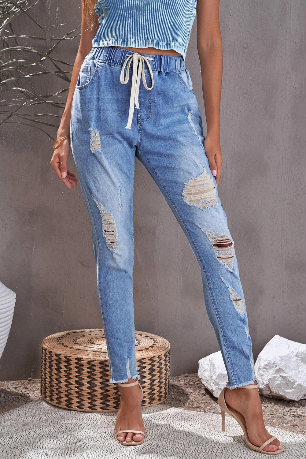 Dear-Lover Blank Apparel Wholesale Western Clothing New Blue Ripped Baggy Distressed Pants Trousers Ladies Torn Hole Stretch Women Denim Women&prime;s Jeans