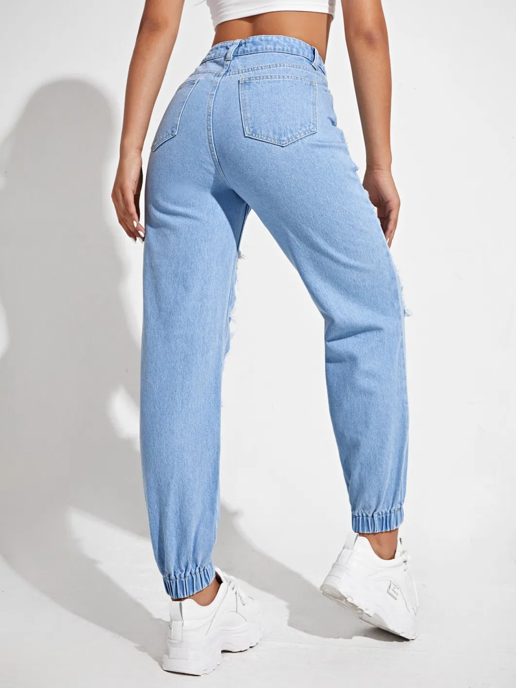 High Waisted Scratch Holes Non-Stretch Quality Elastane Bottom Hem New Fashion Lady Jeans Light-Blue Boyfrind Fit Jeans
