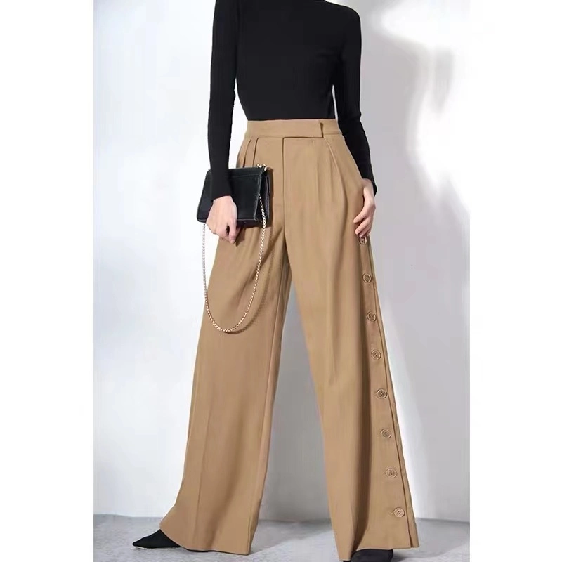 Ladies Elegant High-Waist Loose Wide-Legging Suit Pant with Side Closed by Button
