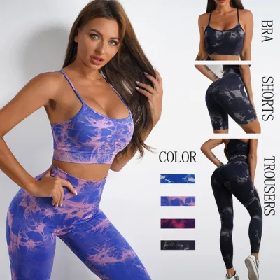 Seamless Knit Tie Dye Yoga Wear Fitness Suit Exercise High Waisted Stretchy Pants for Women