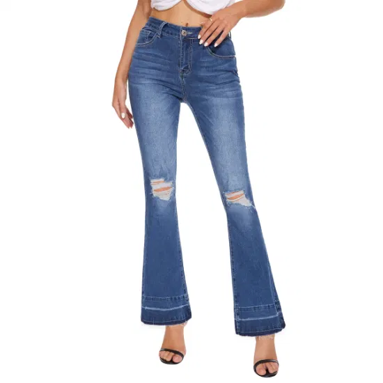 Custom Ripped Hole Fringe Hem Wide Leg Bell Bottom Denim Women Flare Jeans