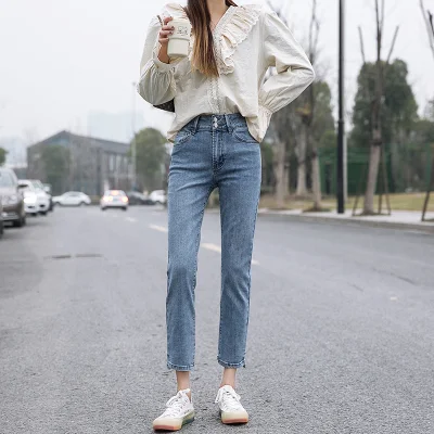 2020 New Korean Casual MID Waist blue Strech Denim Jeans Bootcut Pants Legging