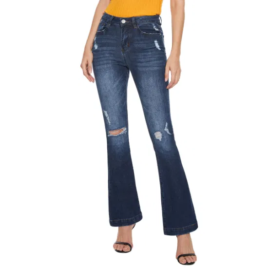 Custom Destroyed Hole High Waist Stretchy Bell Bottom Denim Women Flare Jeans