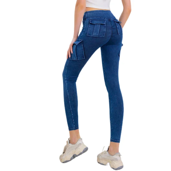 Denim Jeans Blue Tight Women Sports Leggings Gym Fitness Yoga Pants Leggings