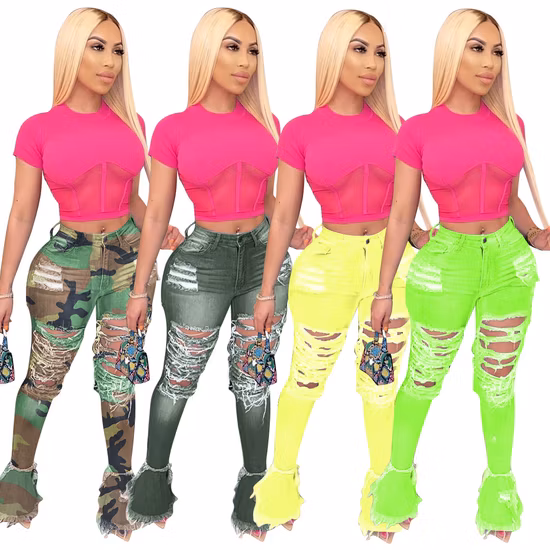 Blue Denim Wide Leg Jeans Pants Bell Bottom Trouser Jeans for Women