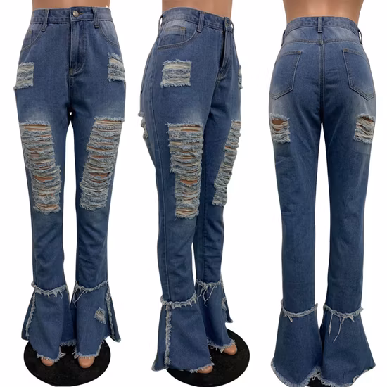 Wholesale Fashion Women&prime;s Best Black/Light Blue Denim Pants Casual High Waisted Wide Leg Bell Bottom Ripped Jeans for Women