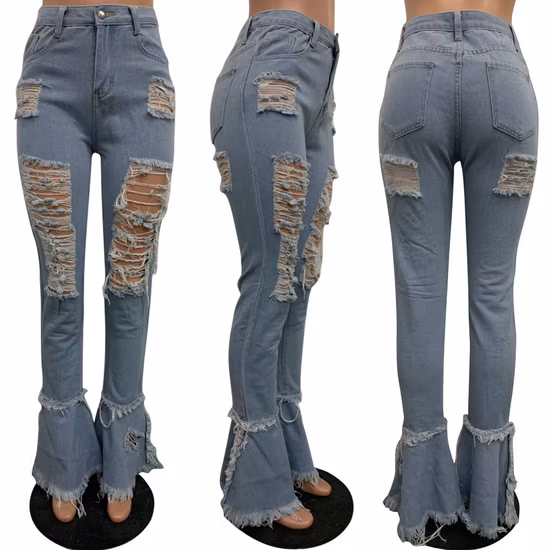 Wholesale Fashion Women′s Best Black/Light Blue Denim Pants Casual High Waisted Wide Leg Bell Bottom Ripped Jeans for Women