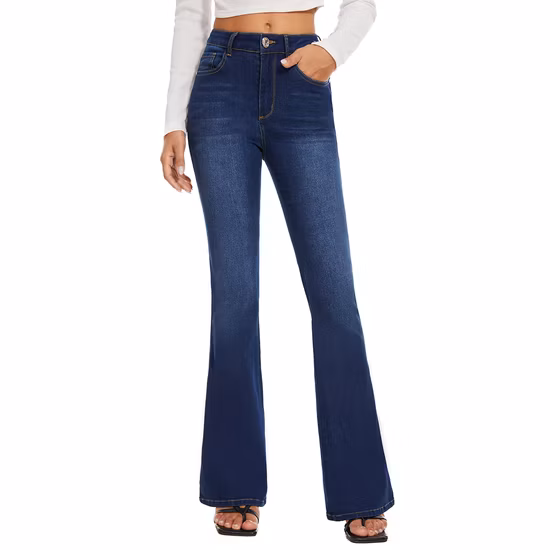 Custom Dark Blue Washed Stretchy High Waist Bell Bottom Denim Women Flare Jeans